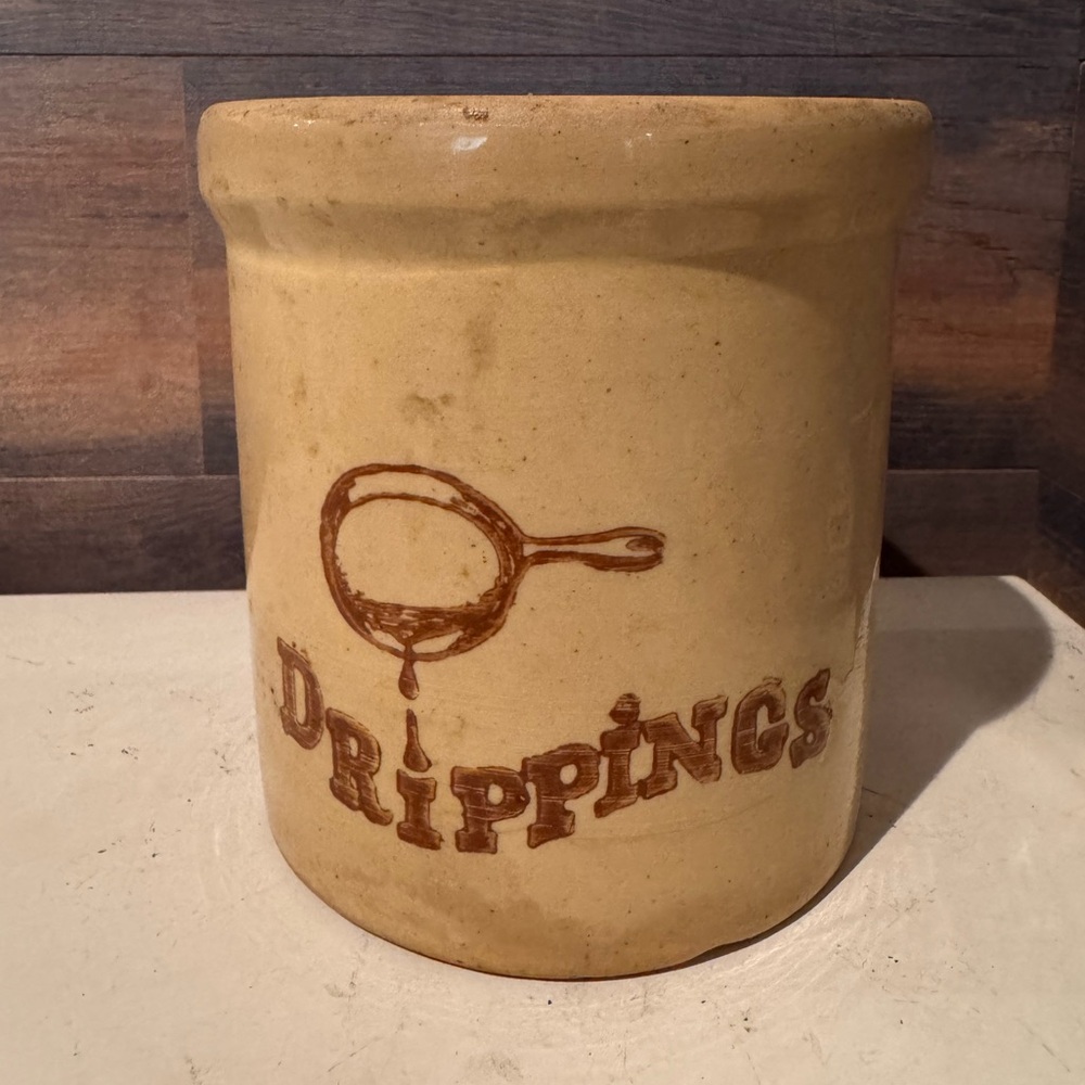 Vintage Drippings Crock  Brown Glazed Stoneware Pot Utensil Holder 70s 5.5”